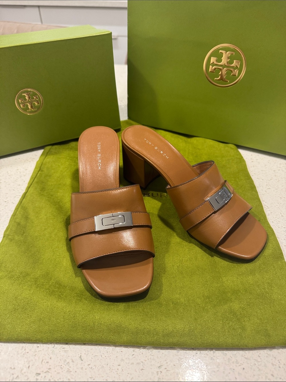 Tory Burch Brown Leather Heeled Slide Mules with Silver Buckle size 5